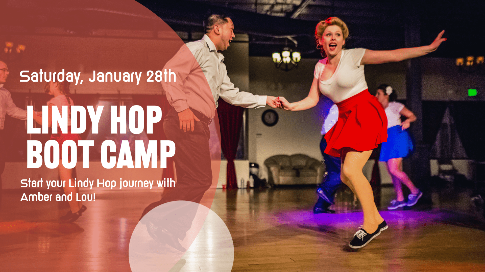 An image for Spotlight Ballroom's Lindy Hop Boot Camp on January 28th. The image features two dancers doing dancing Lindy Hop